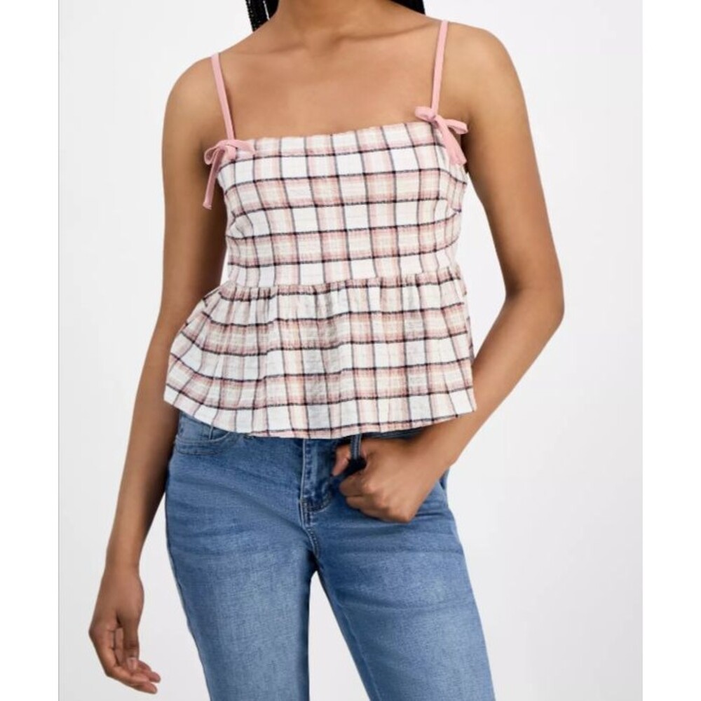Planet Heart Plaid Smocked Cami Top Pink Juniors L NWT